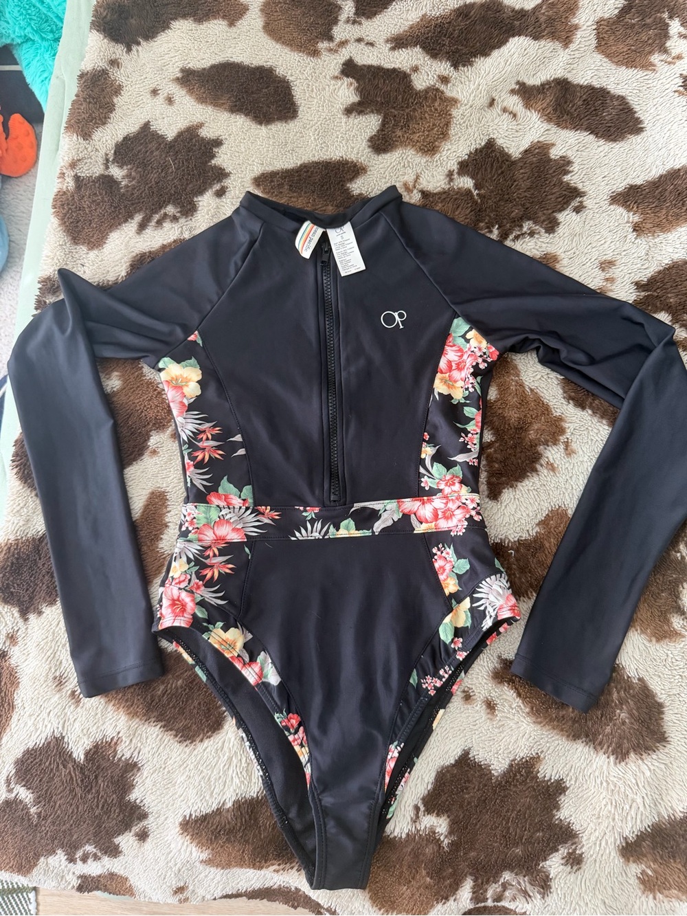 OP Black Floral Long-Sleeve One-Piece Swimsuit